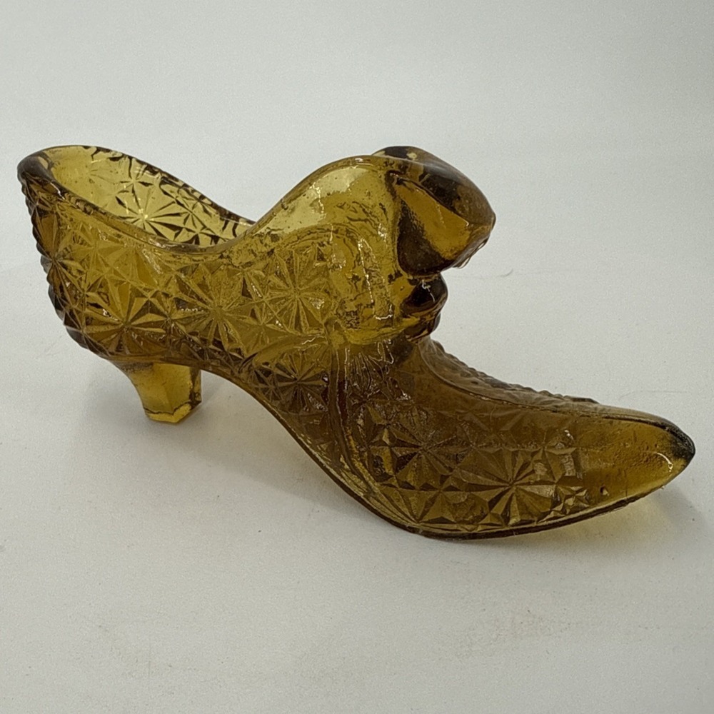 Vintage Fenton Amber Glass Daisy and Button Cat's Head Shoe Slipper 1970s